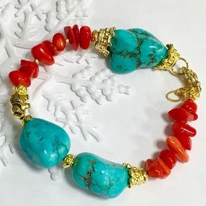 Handmade turquoise and coral bracelet gold metal